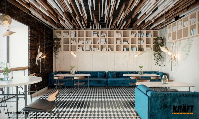 interiér kavárny s lamelovými podhledy