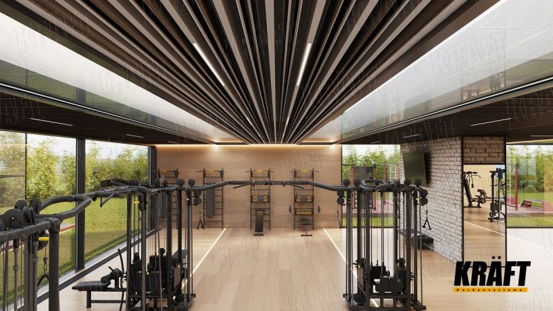 interiér posilovny s lamelovým podhledem