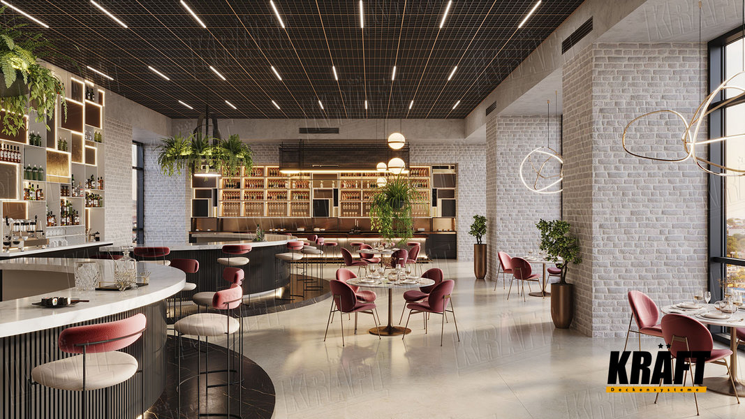 interiér baru s tmavou mřížkou na stropě