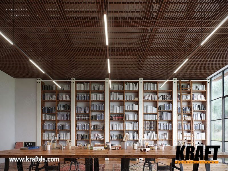 interiér kanceláře mřížkovým hnědým podhledem