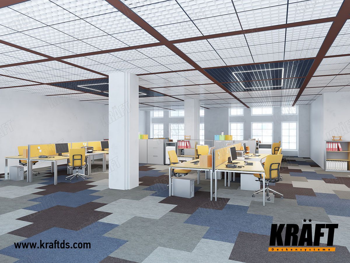 interiér se žlutými pracovními stoly