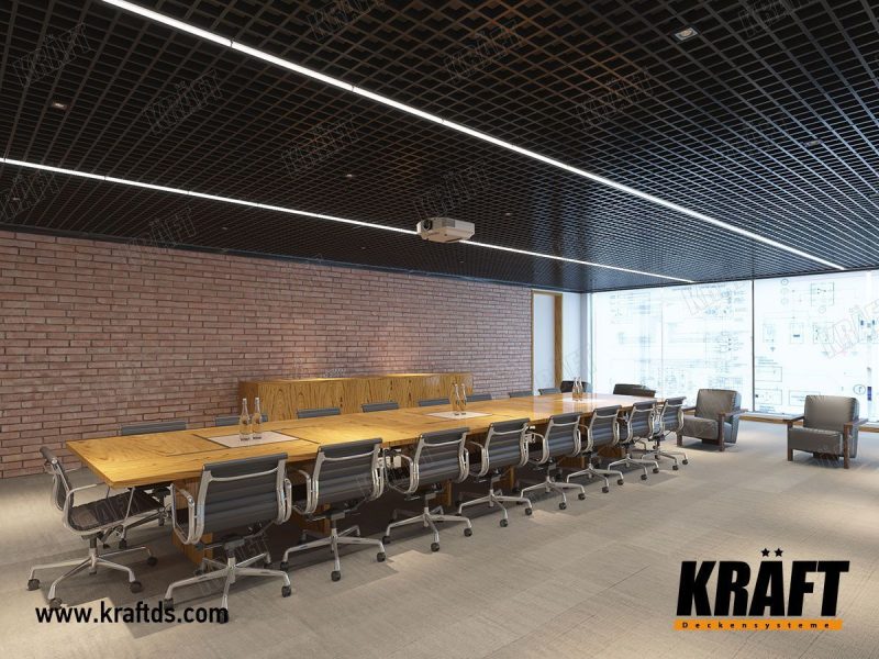 zasedací místnost s rastrovým podhledem v tmavé barvě