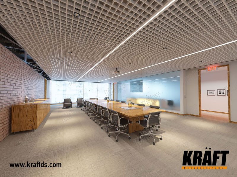 zasedací místnost s rastrovým podhledem v bílé barvě