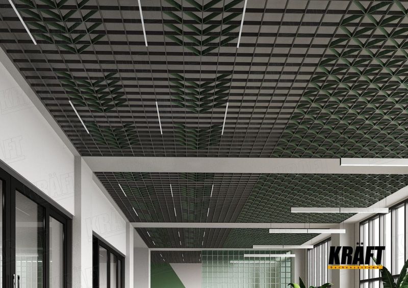 interiér s podhledem členěným v diagonálním rastru