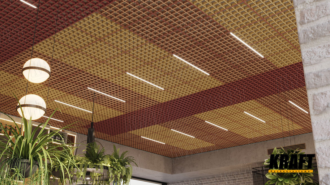 interiér s červeno-oranžovou mřížkou na stropě