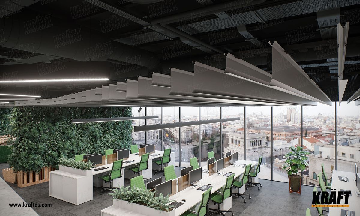 Pohled do lamelového podhledu v kanceláři