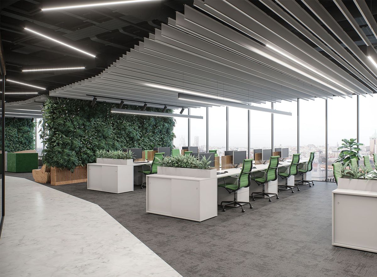 Open space kancelář s lamelovým podhledem