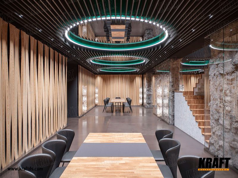 Interiér salonku s kamennou strukturovanou stěnou