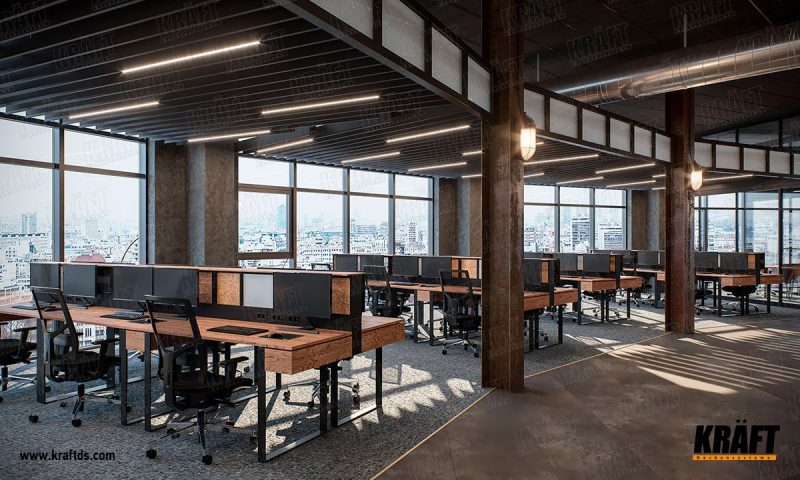 Open space s velkými okny a tmavými barvami interiéru