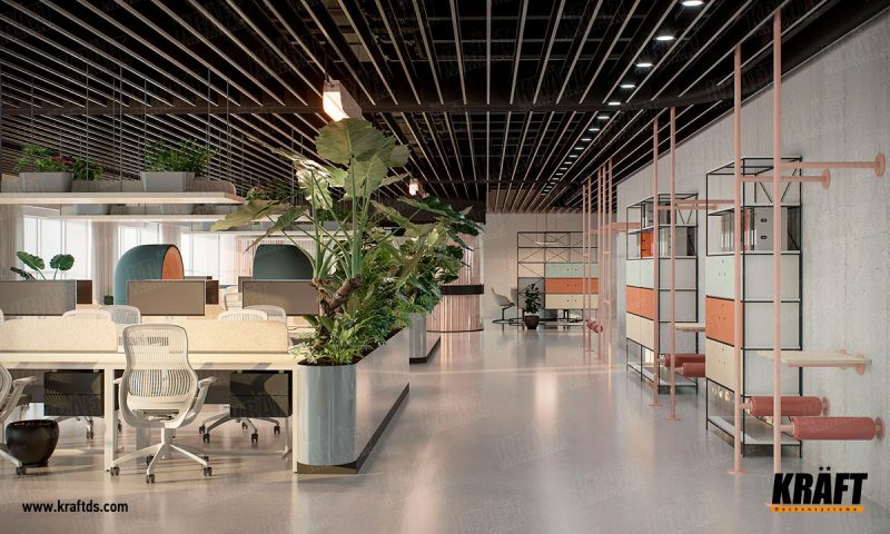 open space kancelář s lamelovým podhledem