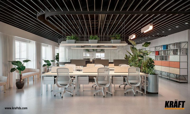 Interiér pracovních míst s lamelovým podhledem