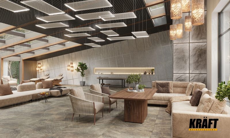 mřížkový podhled s tahokovovými ostrůvky