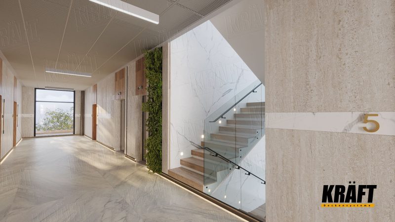 tahokovový podhled v chodbě hotelu