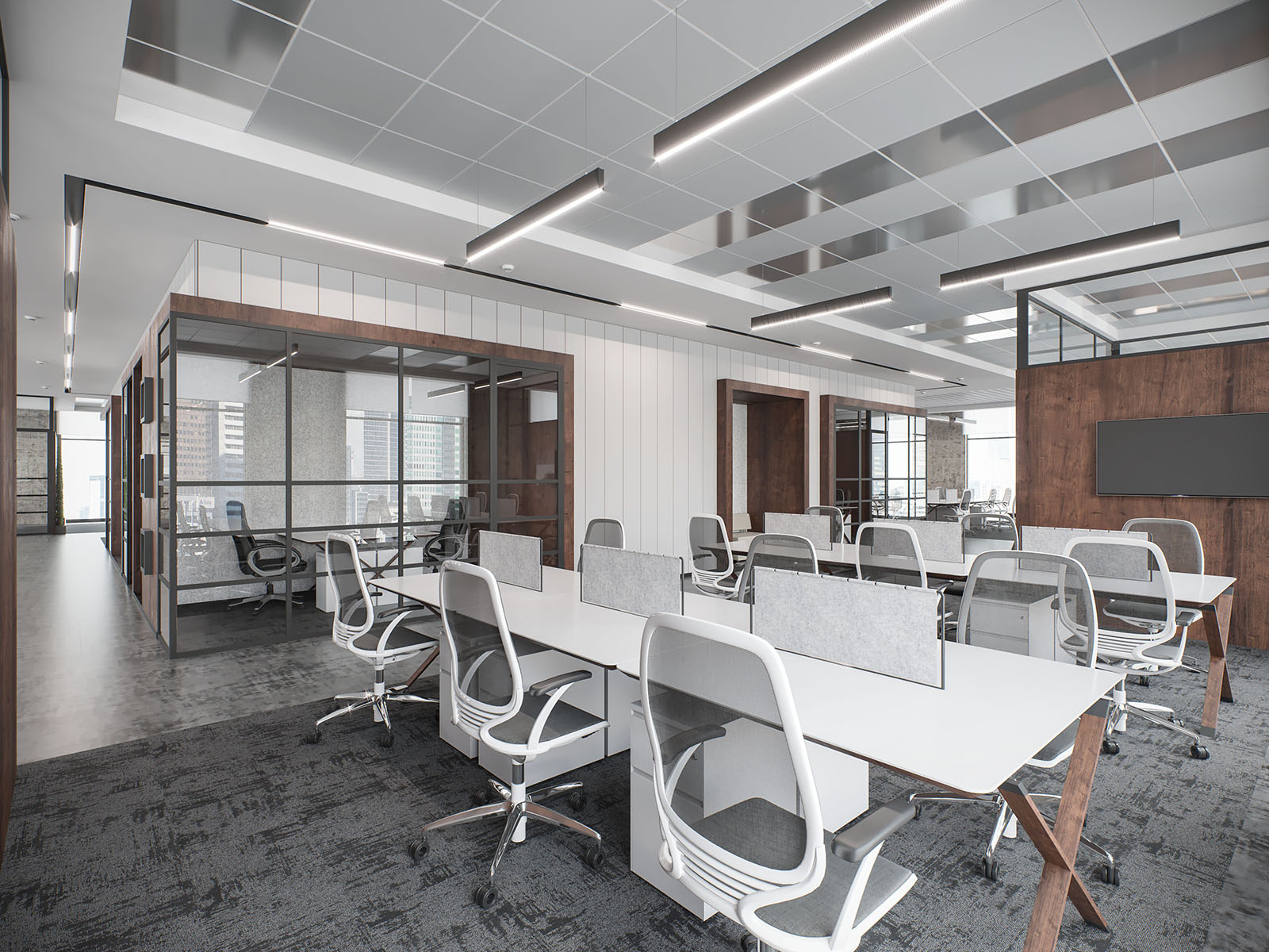 Kancelář s kazetovým metalickým podhledem a šedým kobercem
